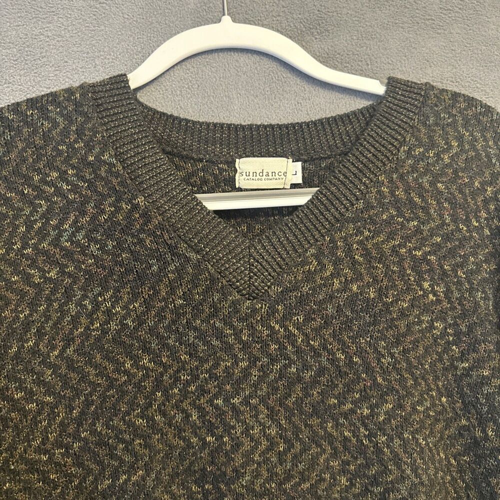 VTG Sundance Catalog V-Neck Sweater Mens Size L Brown Herringbone 90s Y2K‎ Warm
